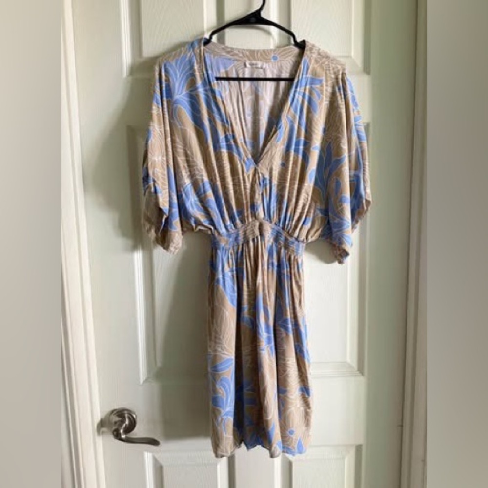 Chic Tan and Blue Floral Mini Dress